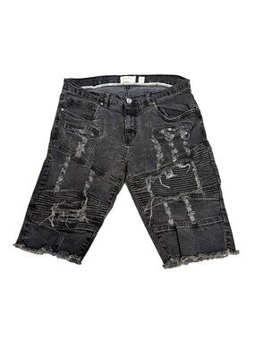 FWRD Denim Mens Black Distressed Patched Denim Shorts With Frayed Hem Size 34